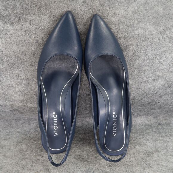 Vionic Shoes Women 5 Pump Kitten Heel Slingback Fashion Career Navy Leather Ziva - Picture 9 of 16